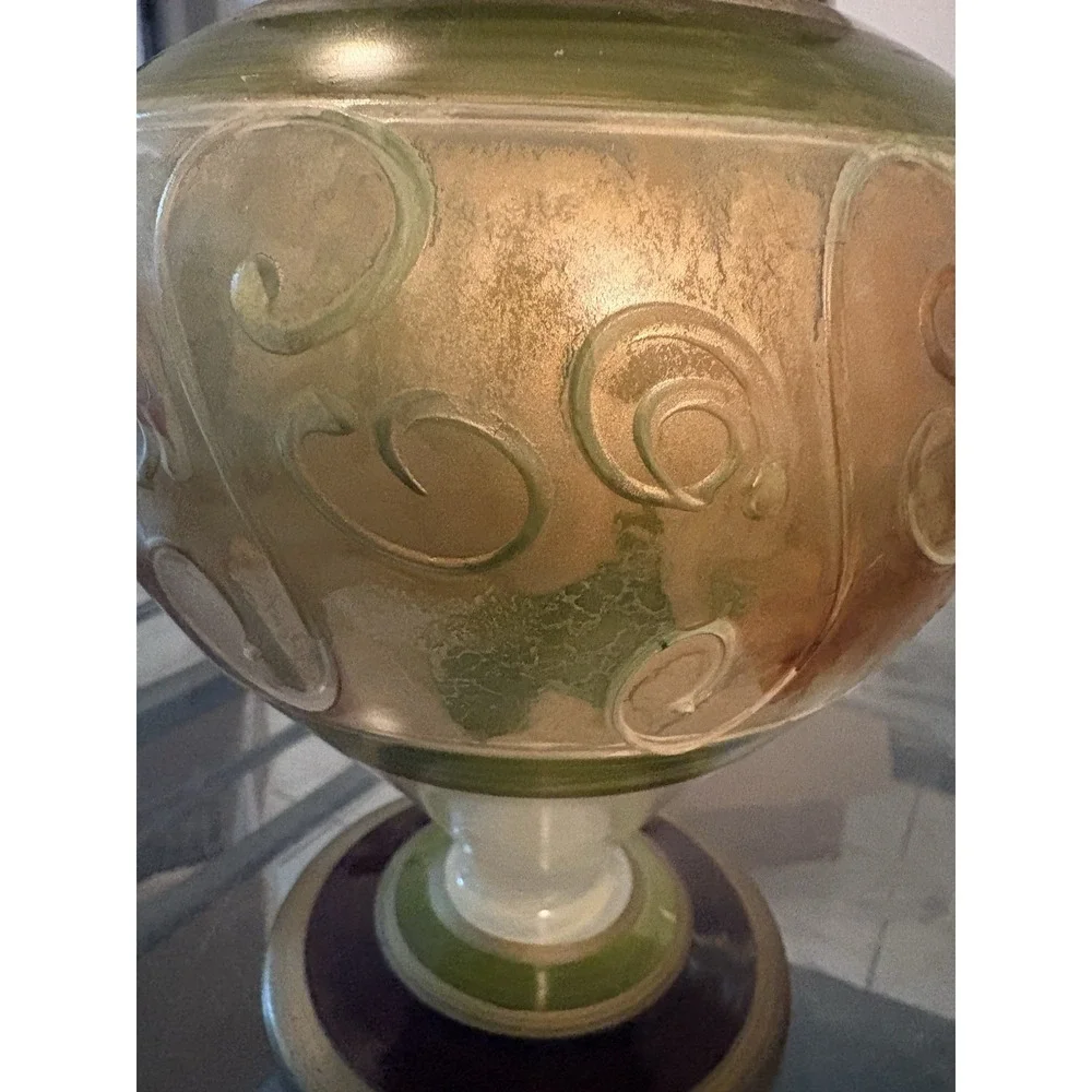 VTG Decorative Glass Urn Jar Pedestal Lid Hand Painted Gold Green Scroll 12